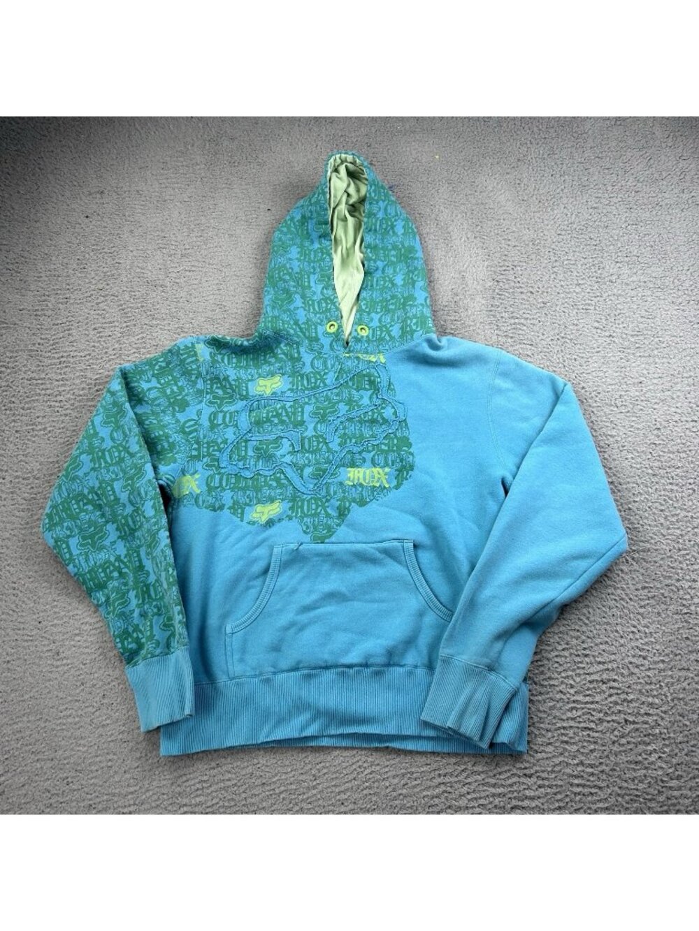 Fox Sports Blue Hoodie Sweatshirt Y2K Size Large Skate All Over Grunge Pullover